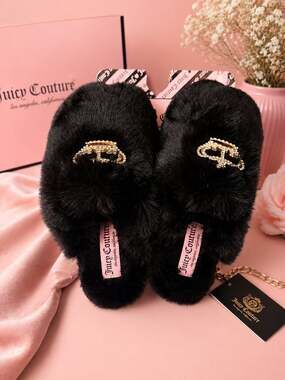 Juicy Couture Black Faux Fur Rhinestone Crown Logo Slippers